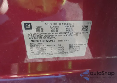 2015 Chevrolet Silverado 1500 1Lt from USA, damaged, VIN 1GCRCREC5FZ267483